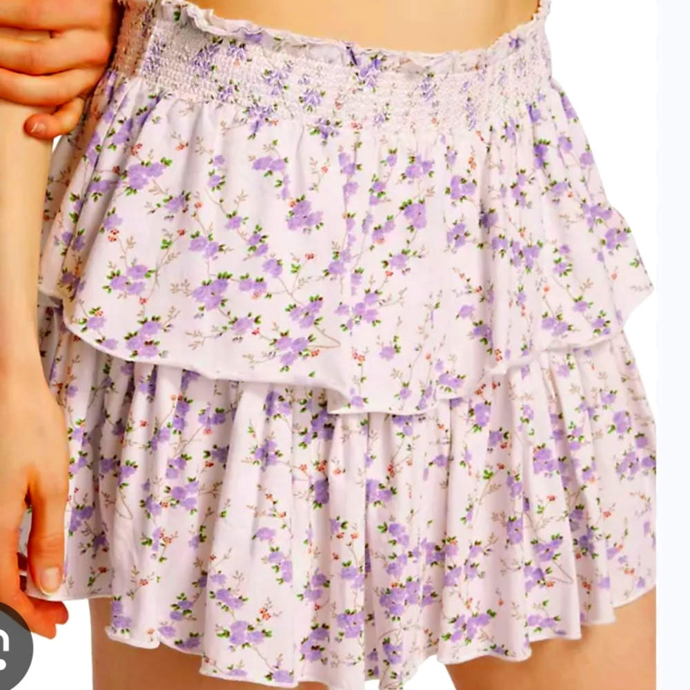 Olivaceous floral flounce smocked lightweight miniskirt